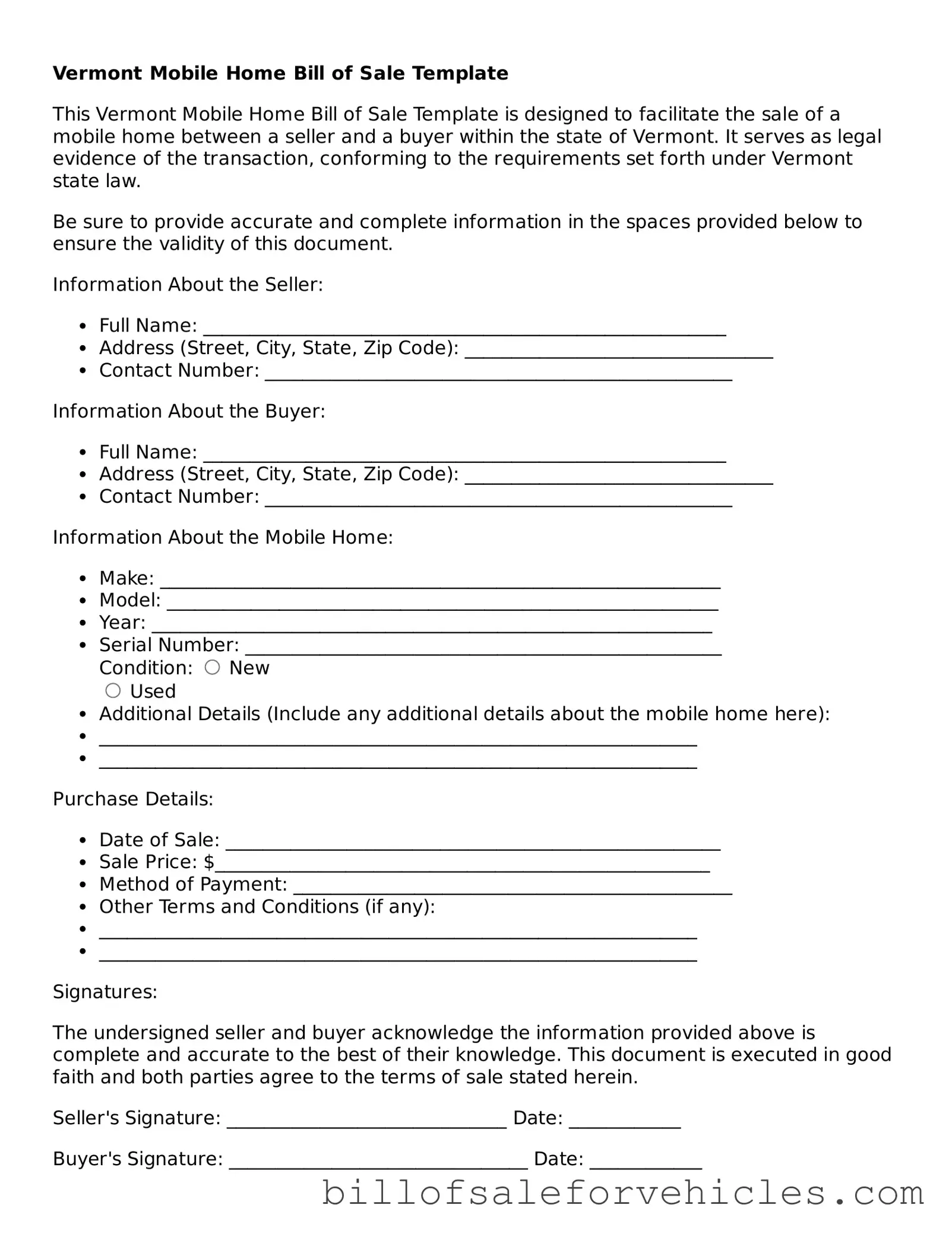 Valid Vermont Mobile Home Bill of Sale Template