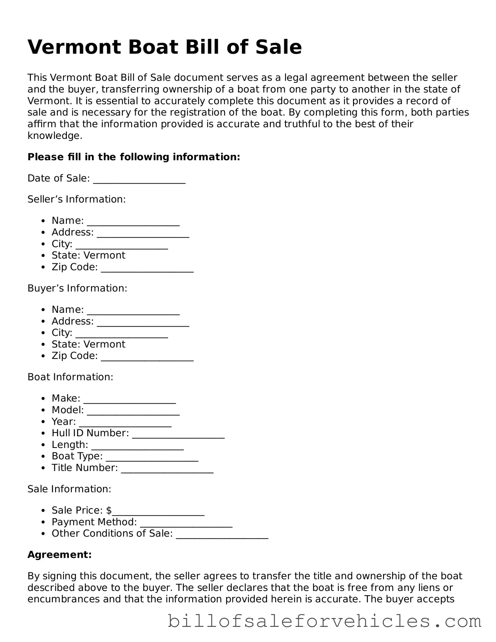 Valid Vermont Boat Bill of Sale Template