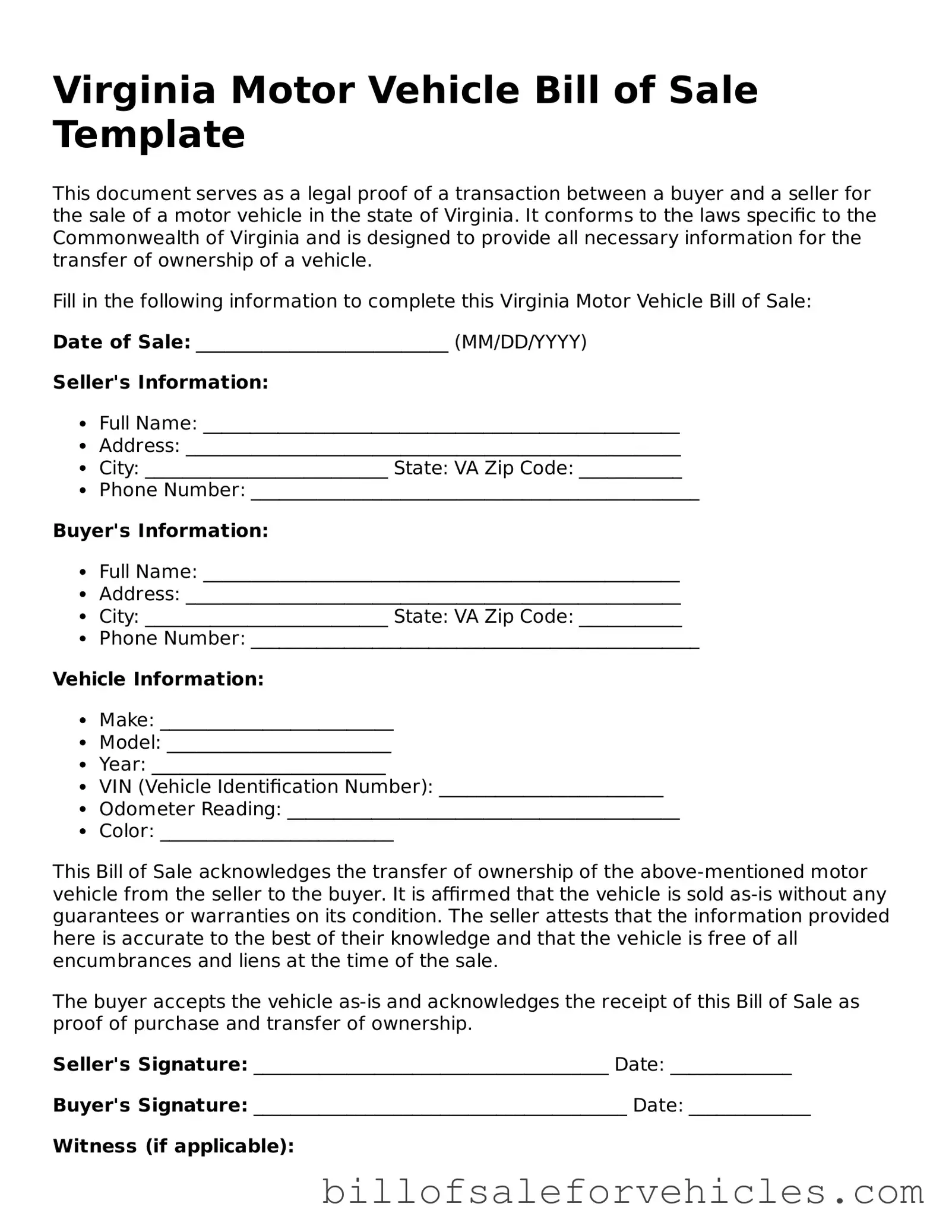 Valid Virginia Motor Vehicle Bill of Sale Template
