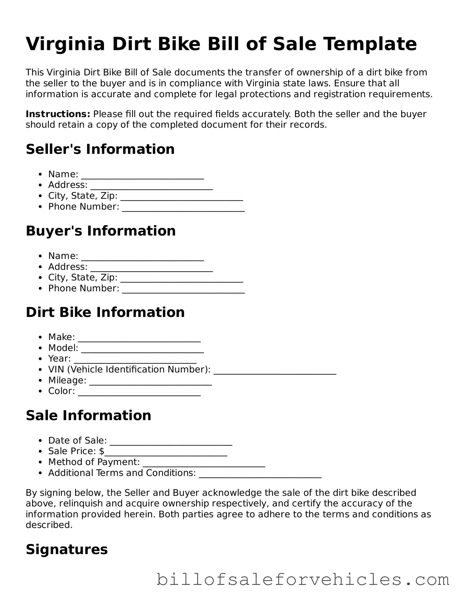 Valid Virginia Dirt Bike Bill of Sale Template