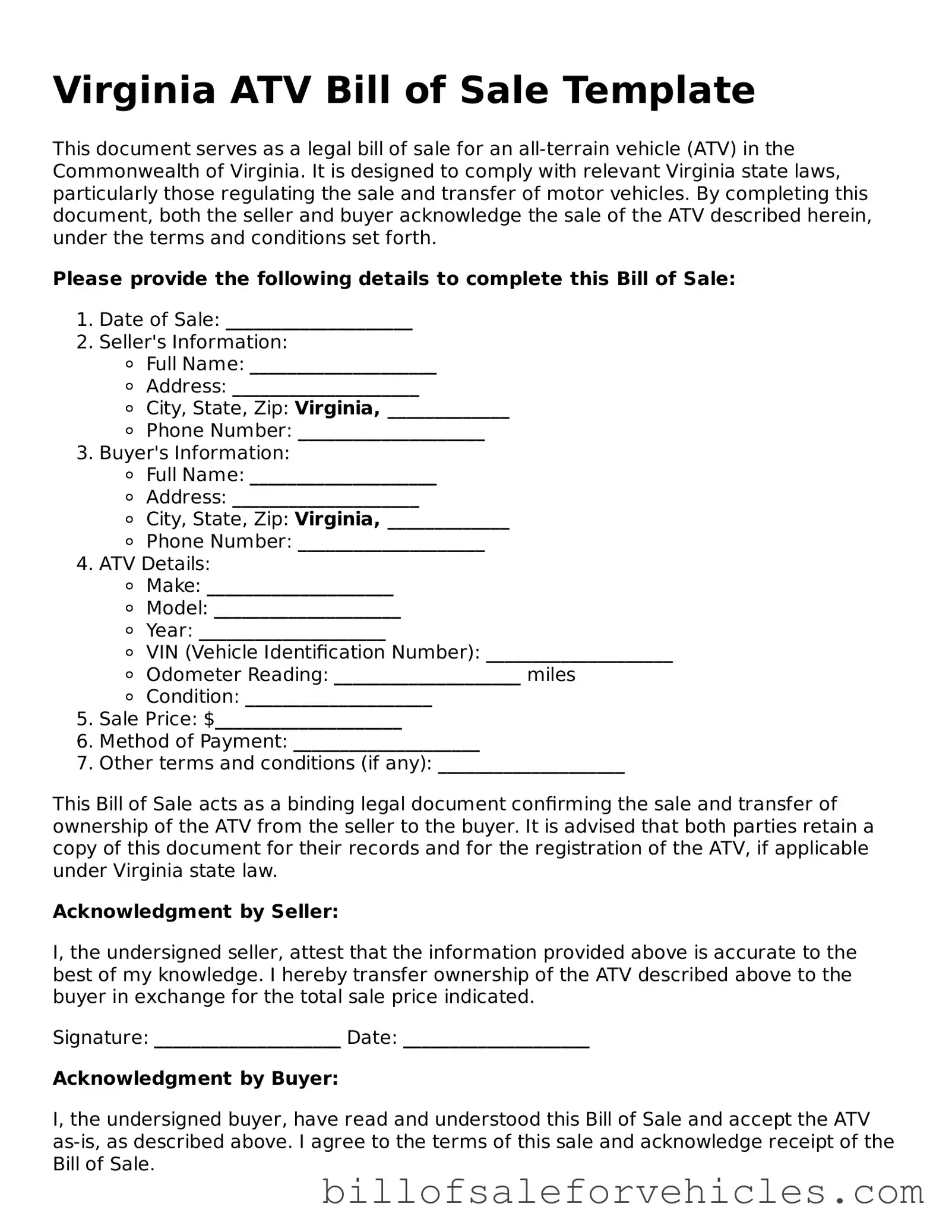 Valid Virginia ATV Bill of Sale Template