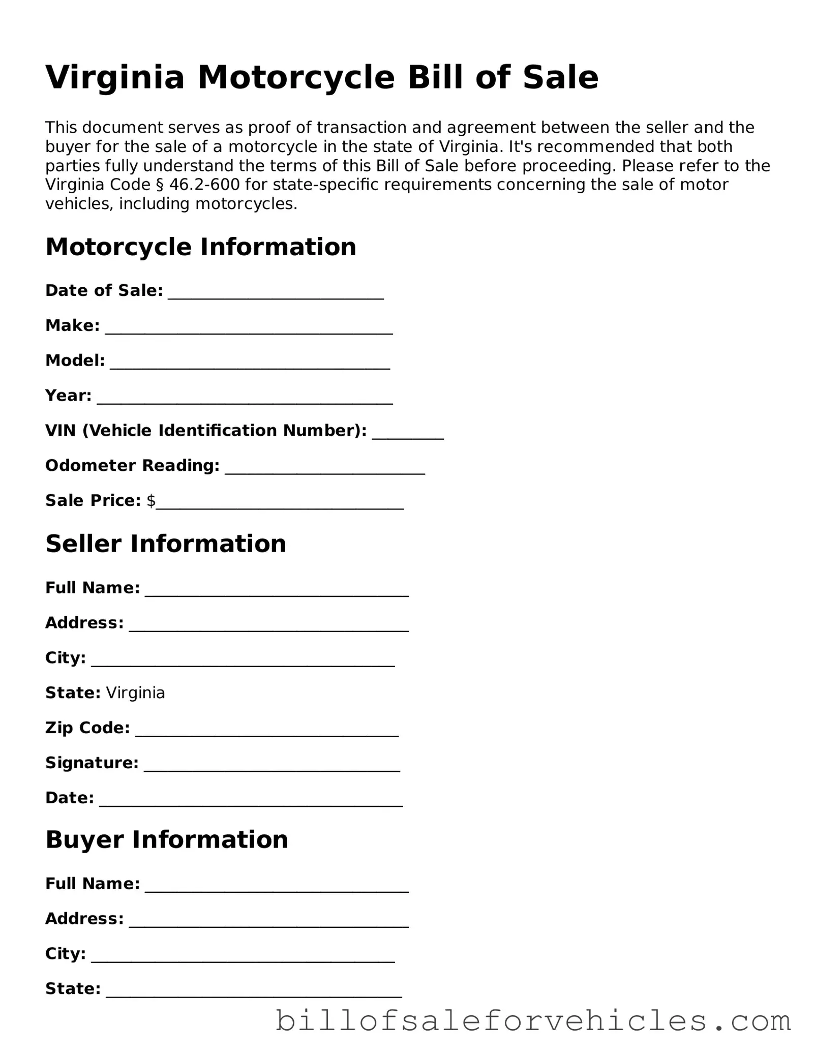 Valid Virginia Motorcycle Bill of Sale Template