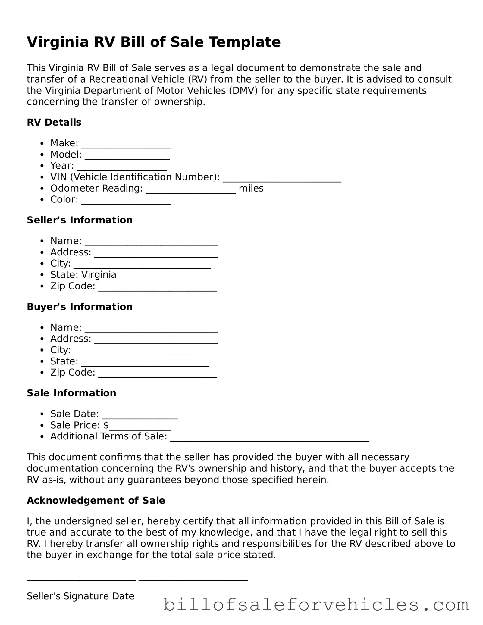 Valid Virginia RV Bill of Sale Template