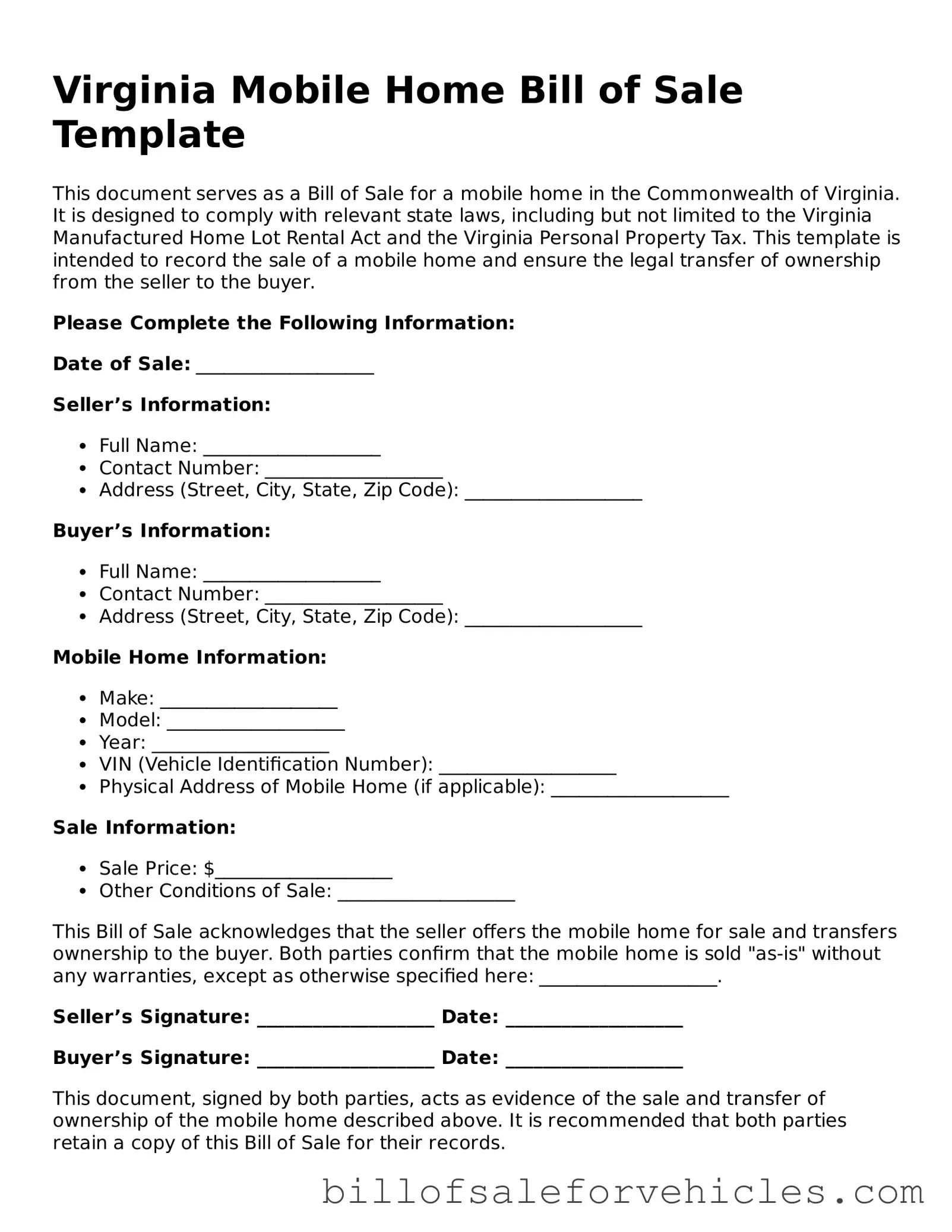 Valid Virginia Mobile Home Bill of Sale Template