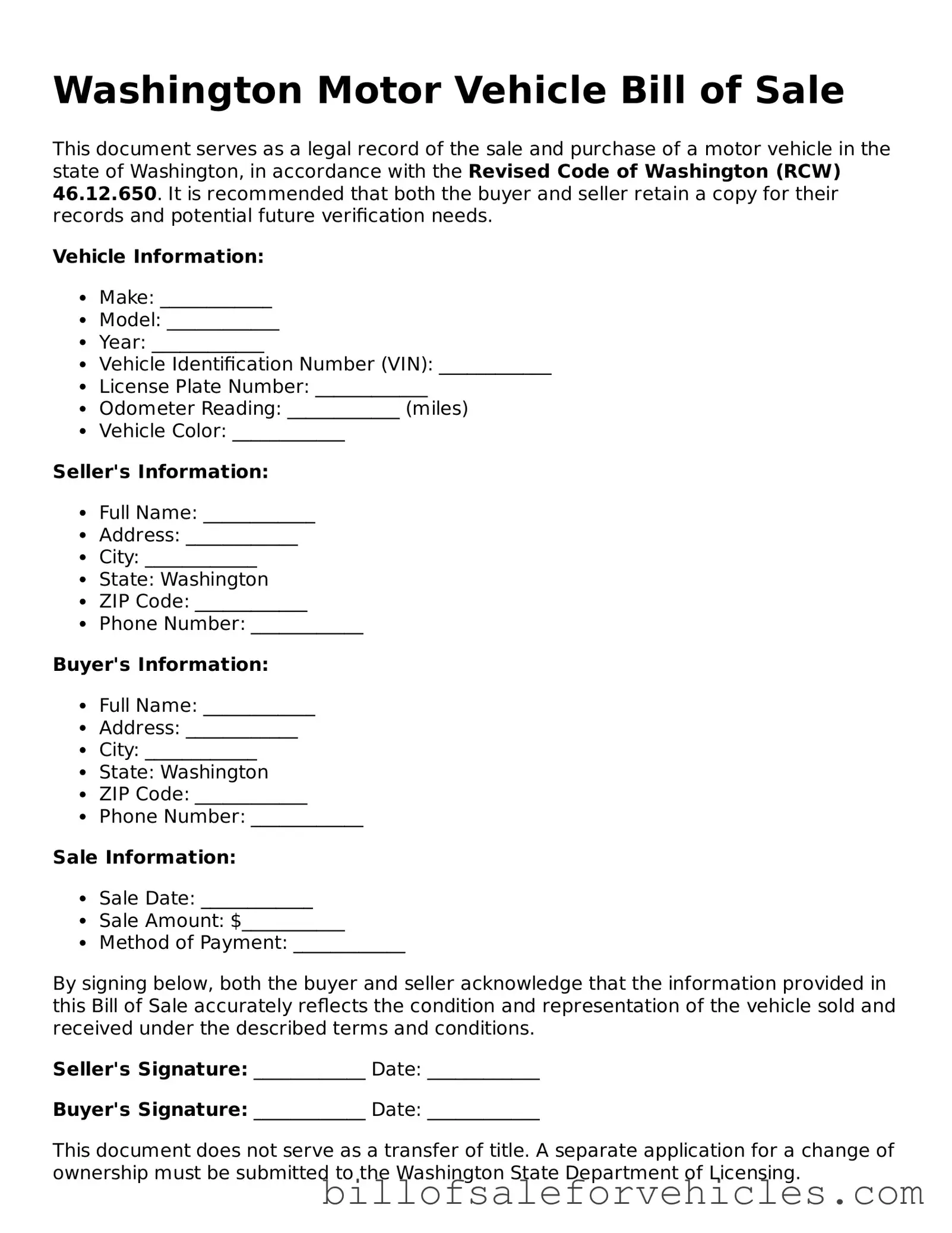 Valid Washington Motor Vehicle Bill of Sale Template
