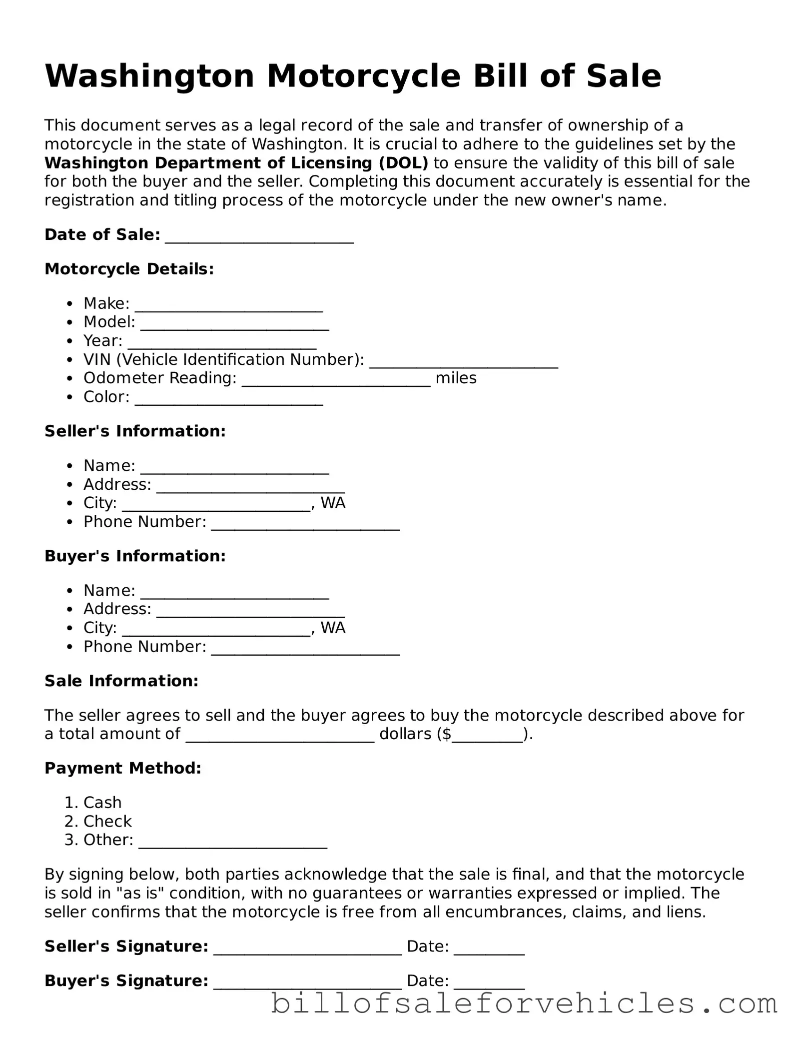 Valid Washington Motorcycle Bill of Sale Template