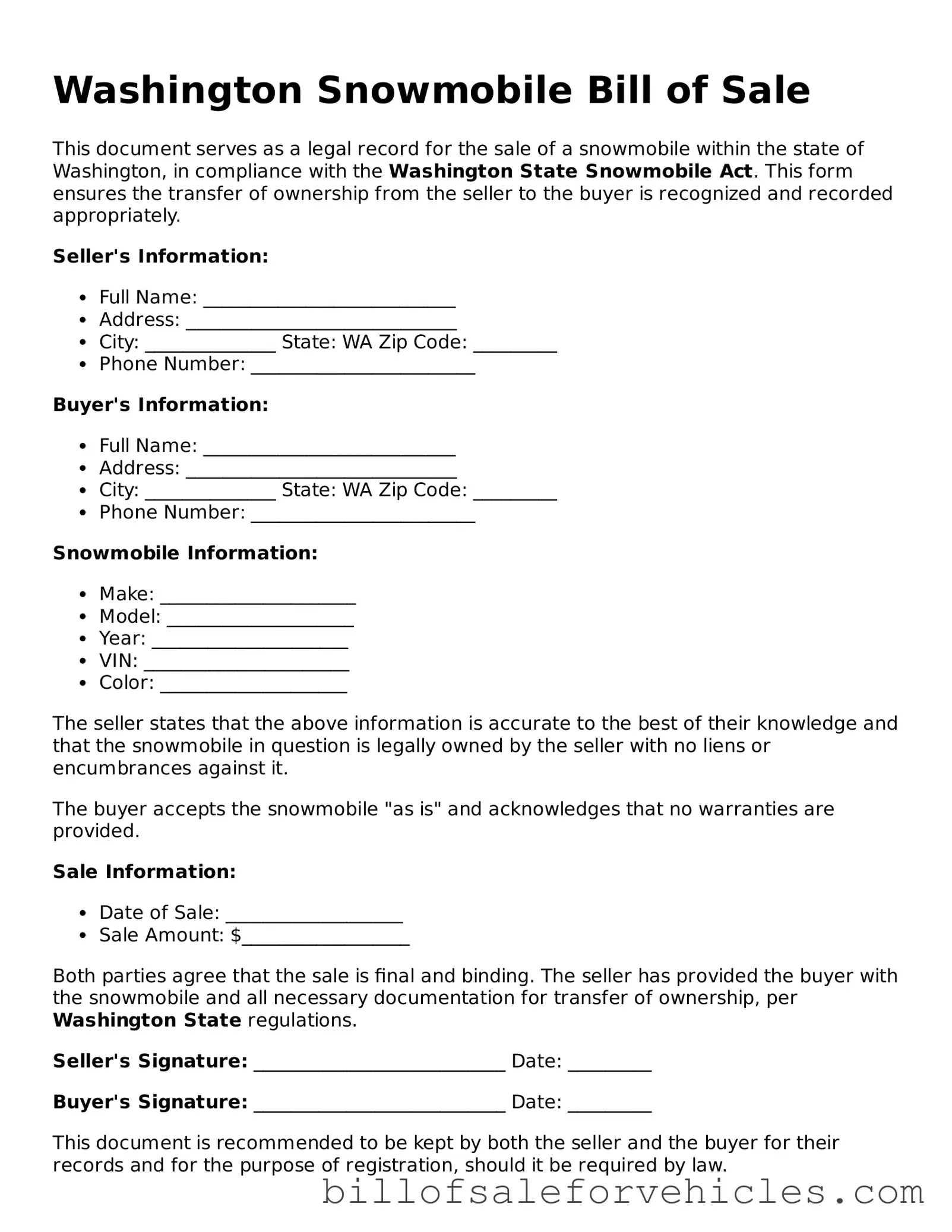 Valid Washington Snowmobile Bill of Sale Template