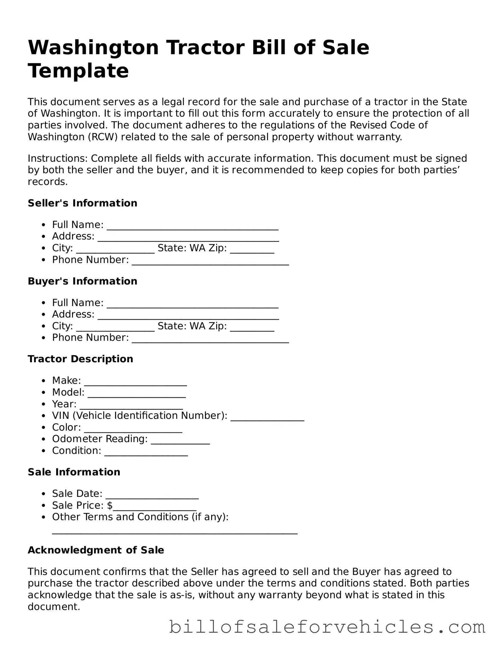 Valid Washington Tractor Bill of Sale Template
