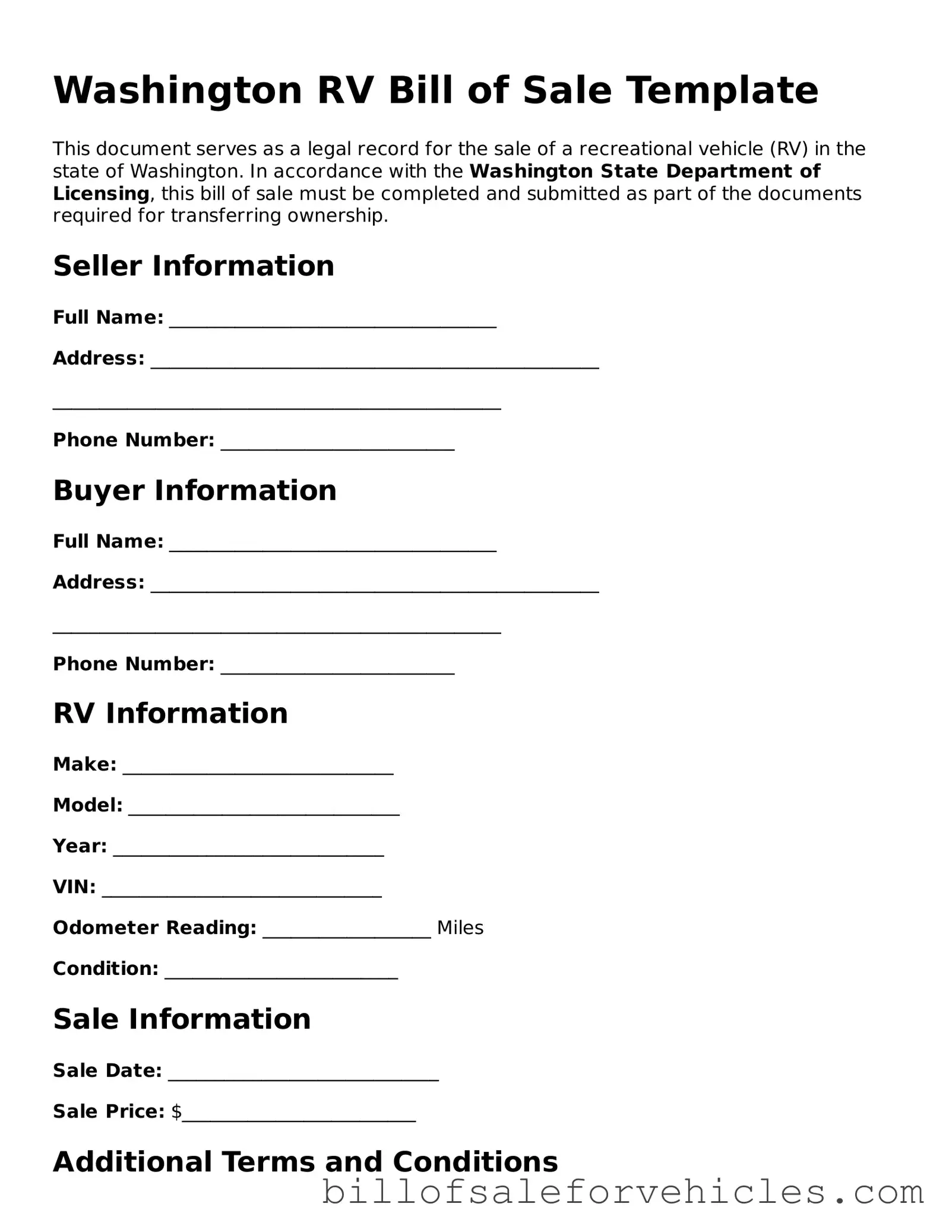 Valid Washington RV Bill of Sale Template