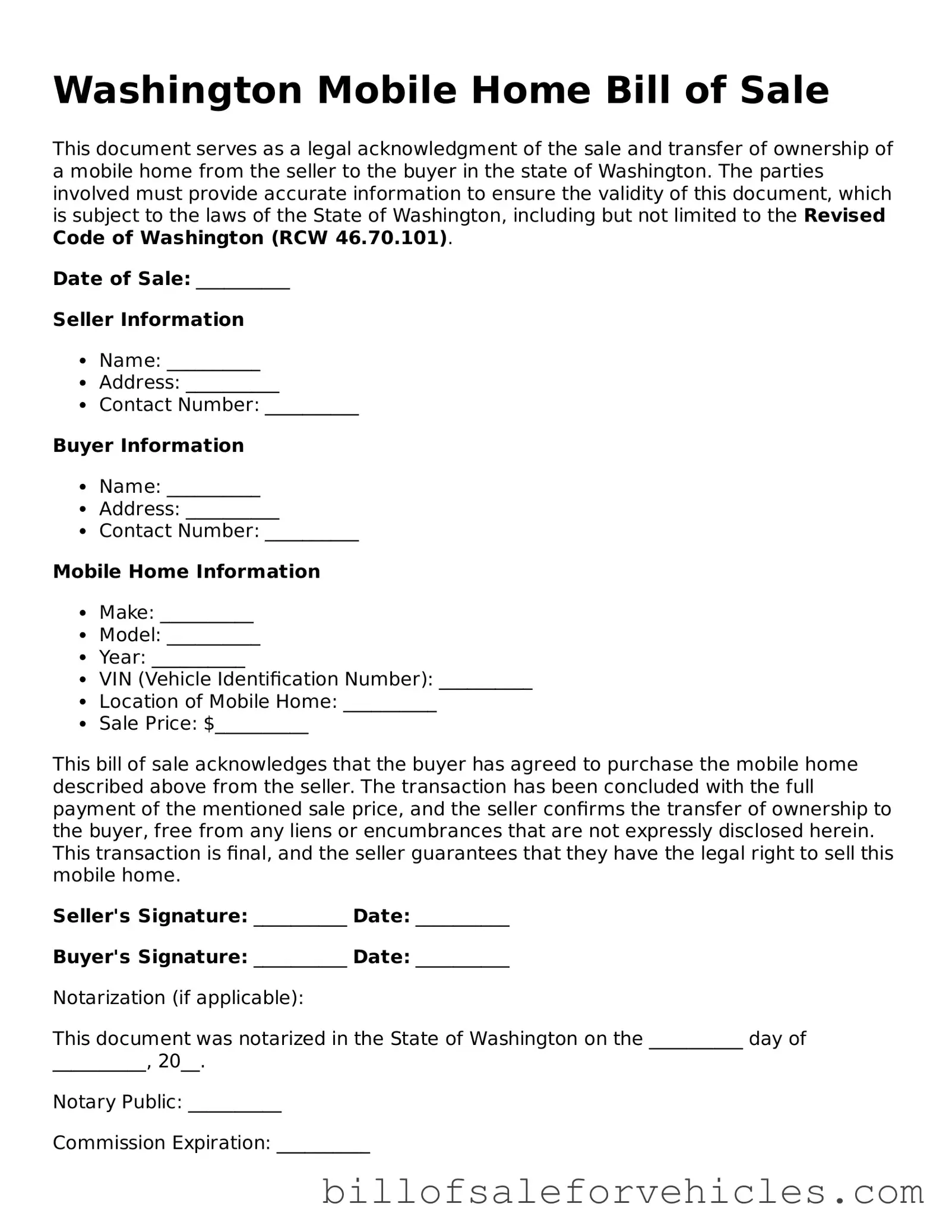 Valid Washington Mobile Home Bill of Sale Template