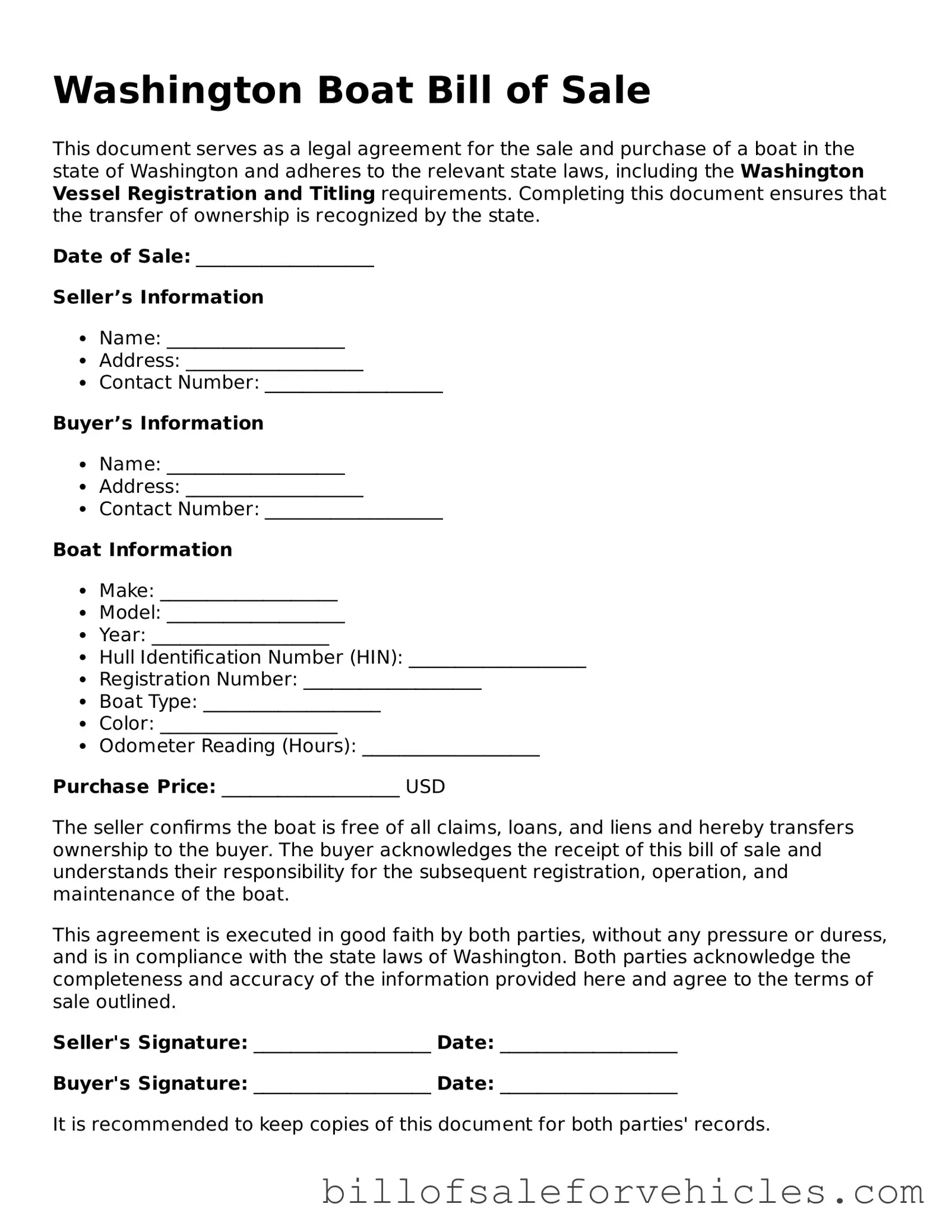 Valid Washington Boat Bill of Sale Template