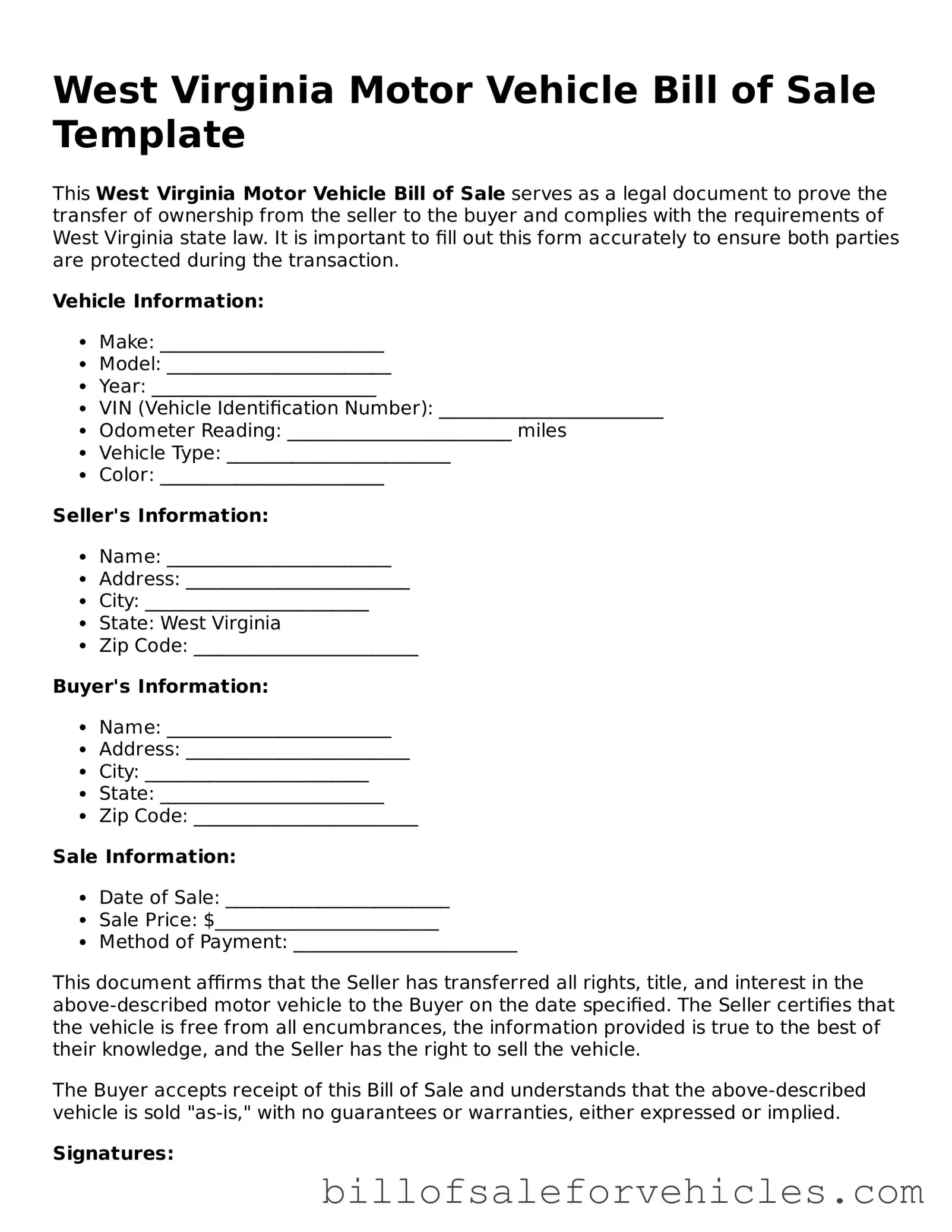 Valid West Virginia Motor Vehicle Bill of Sale Template