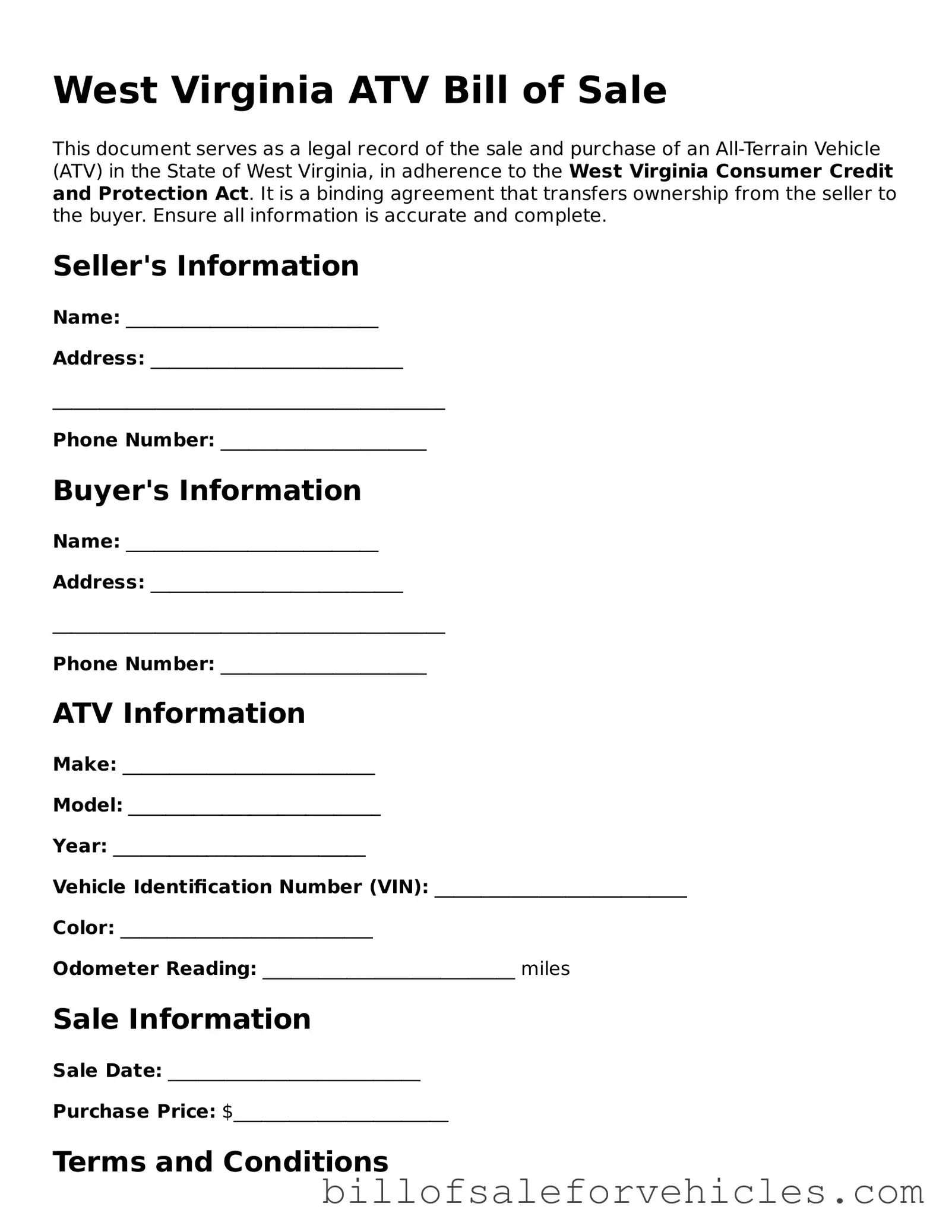 Valid West Virginia ATV Bill of Sale Template
