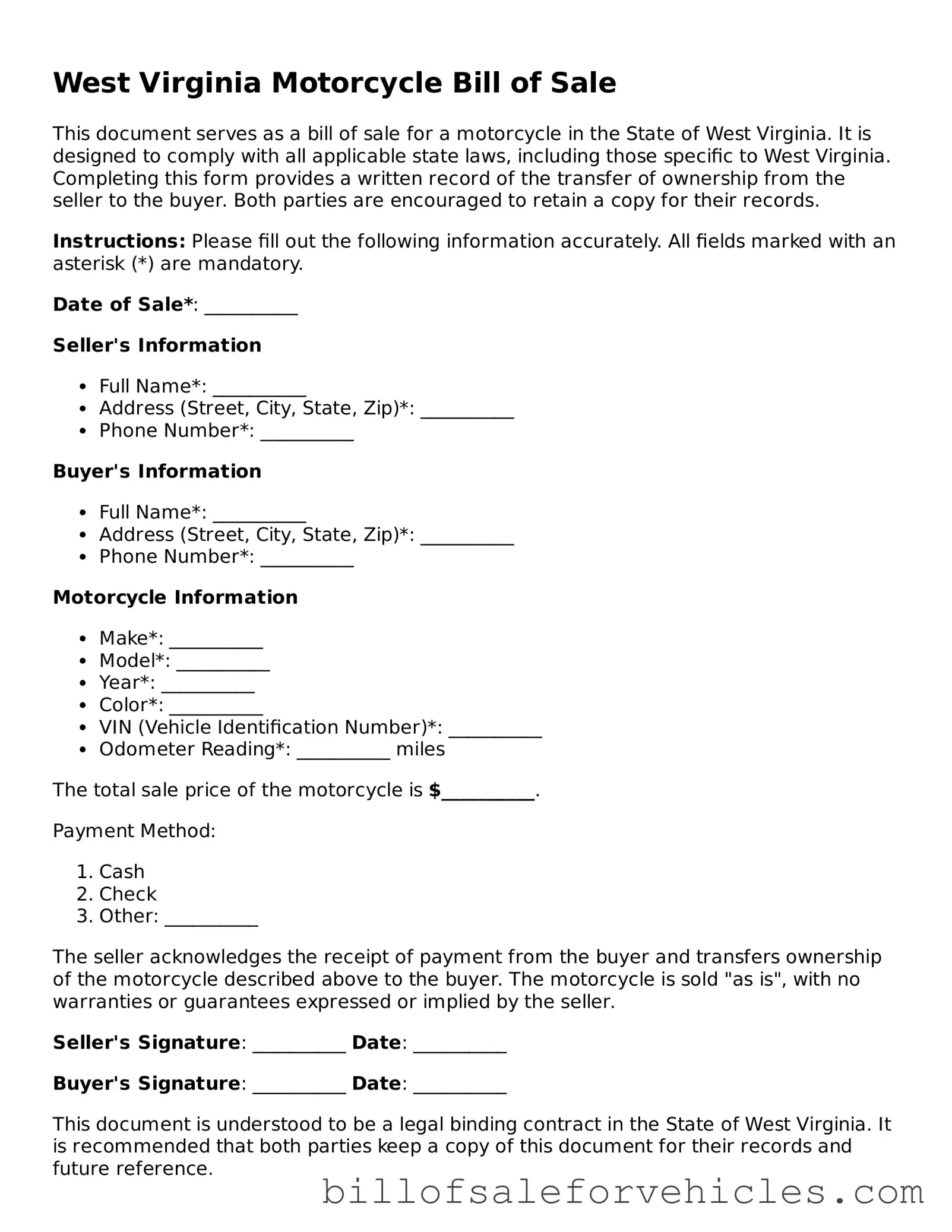 Valid West Virginia Motorcycle Bill of Sale Template