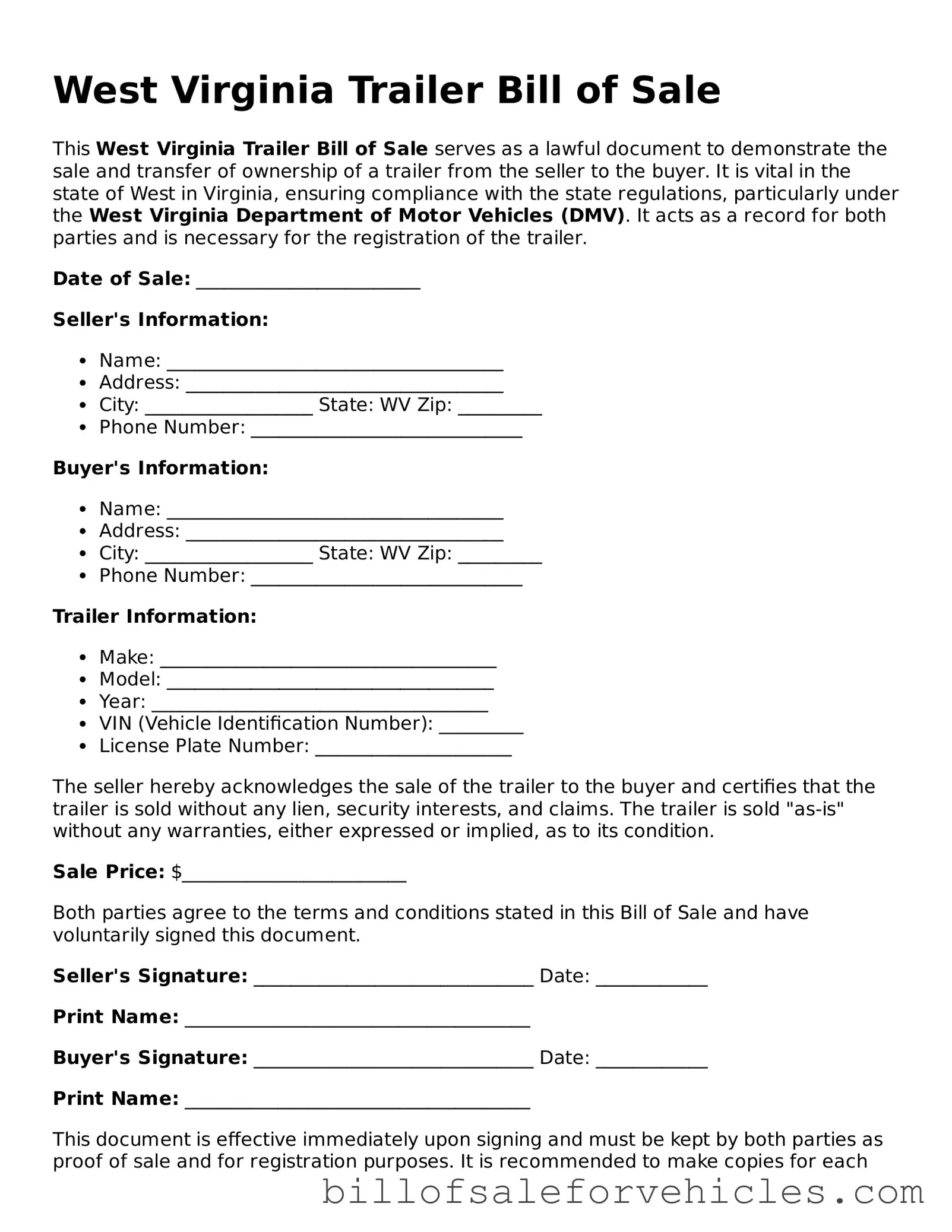 Valid West Virginia Trailer Bill of Sale Template