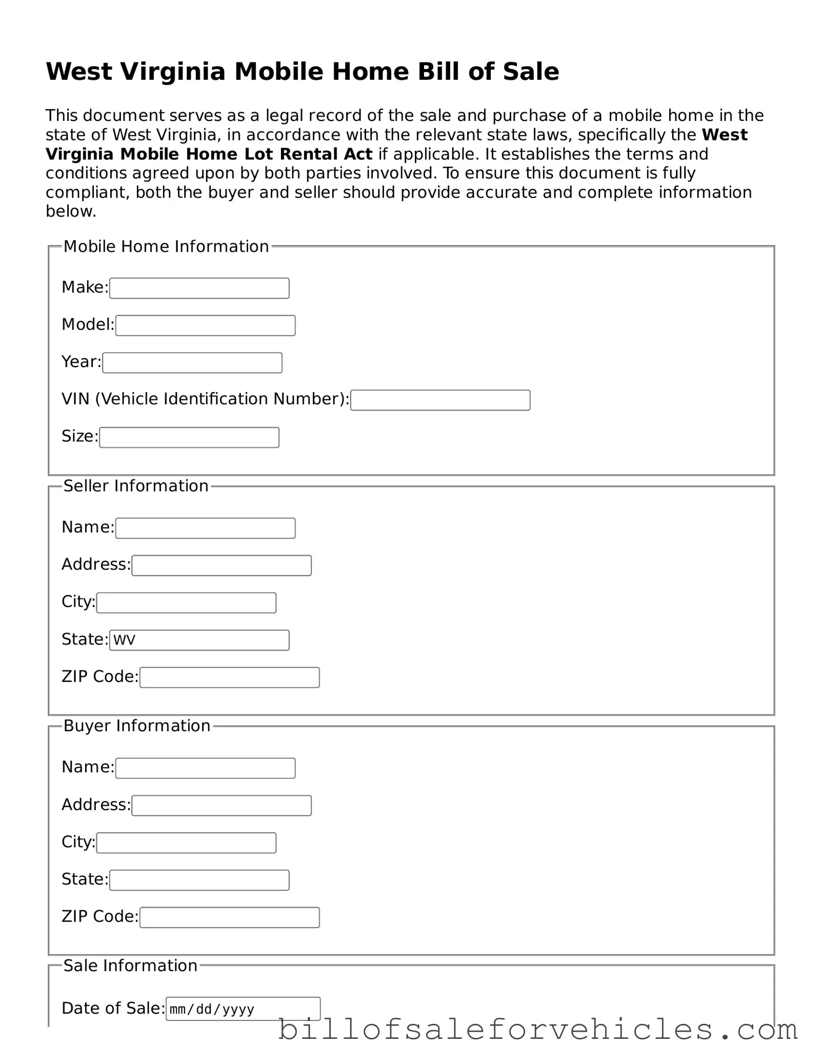 Valid West Virginia Mobile Home Bill of Sale Template