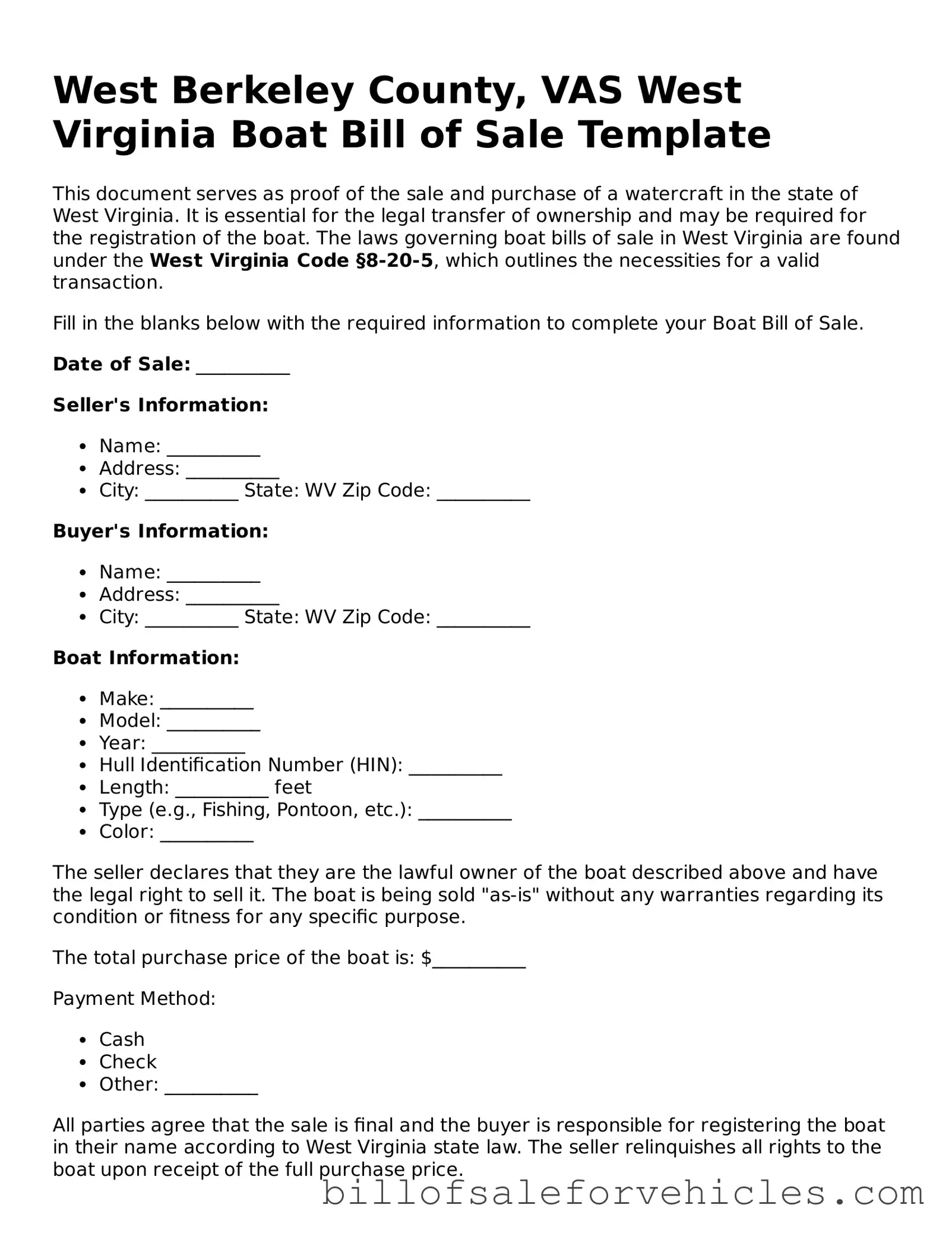 Valid West Virginia Boat Bill of Sale Template