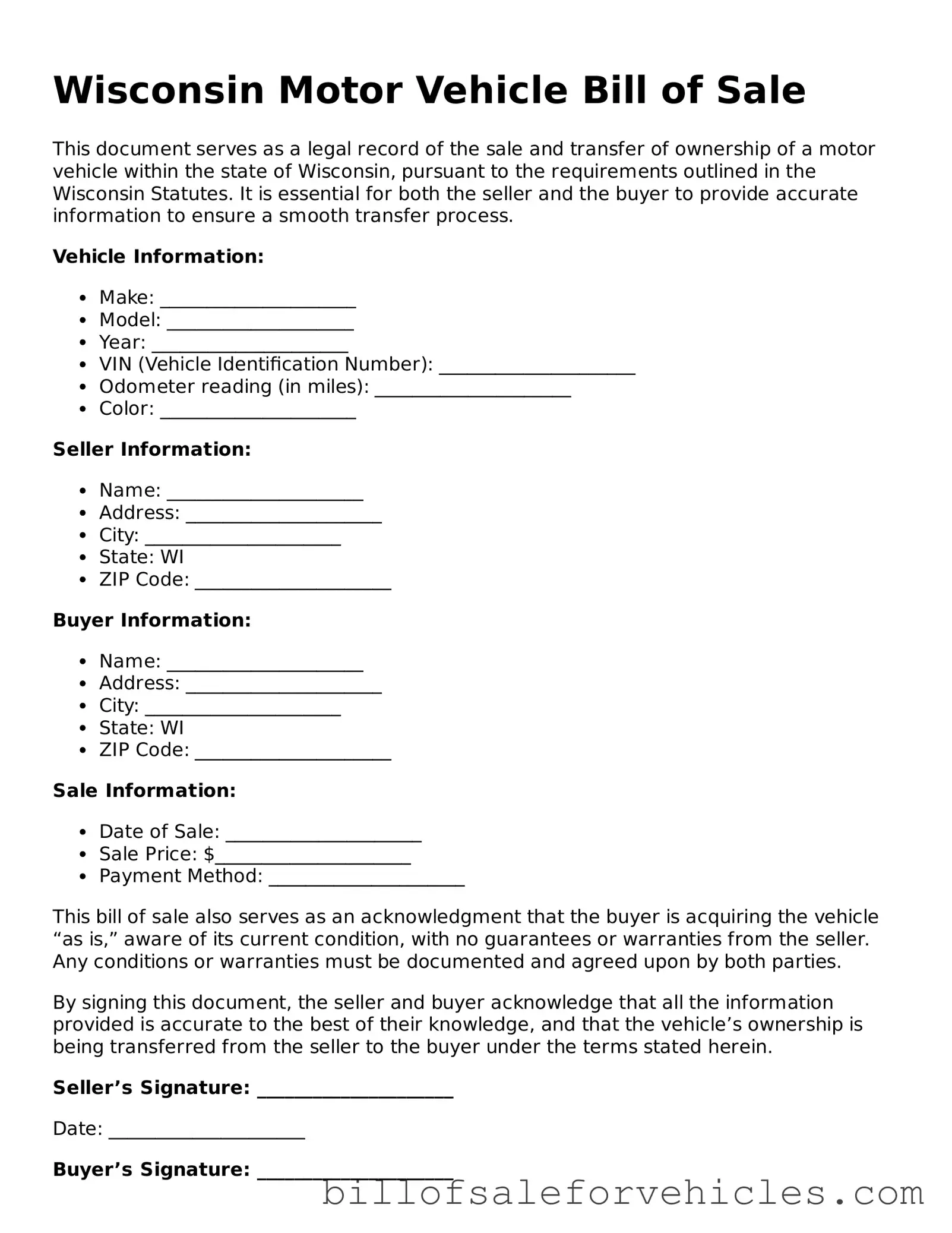 Valid Wisconsin Motor Vehicle Bill of Sale Template