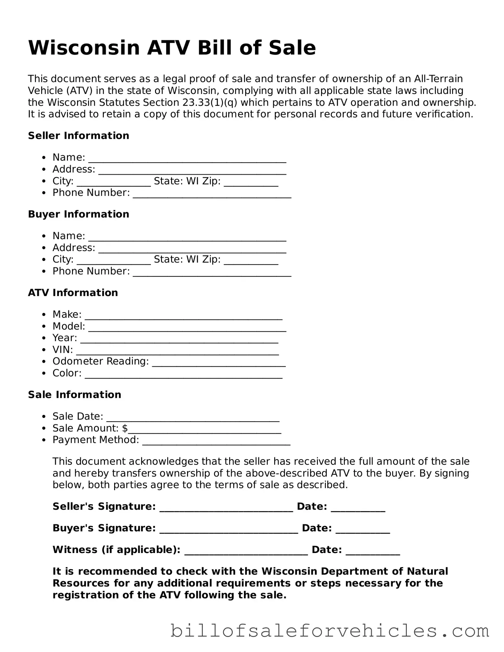 Valid Wisconsin ATV Bill of Sale Template