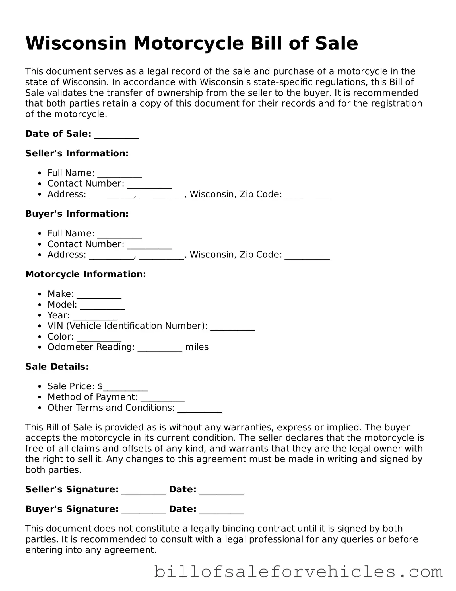 Valid Wisconsin Motorcycle Bill of Sale Template