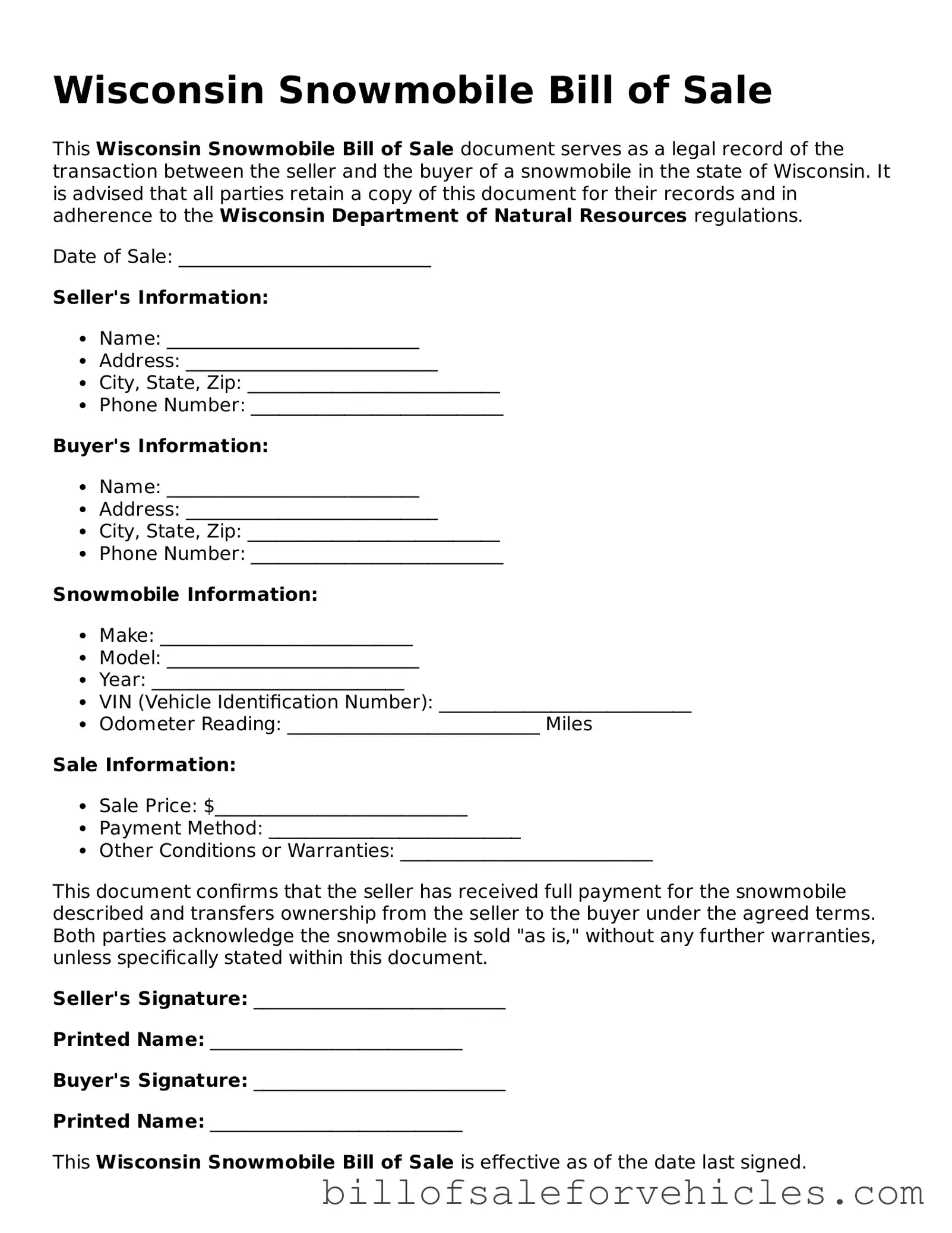 Valid Wisconsin Snowmobile Bill of Sale Template