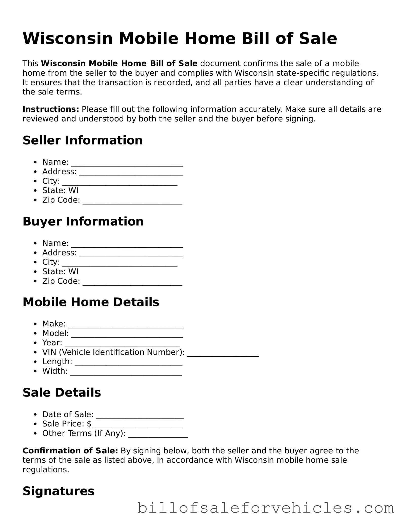 Valid Wisconsin Mobile Home Bill of Sale Template