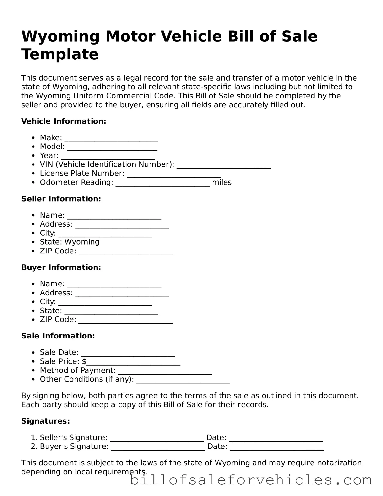 Valid Wyoming Motor Vehicle Bill of Sale Template