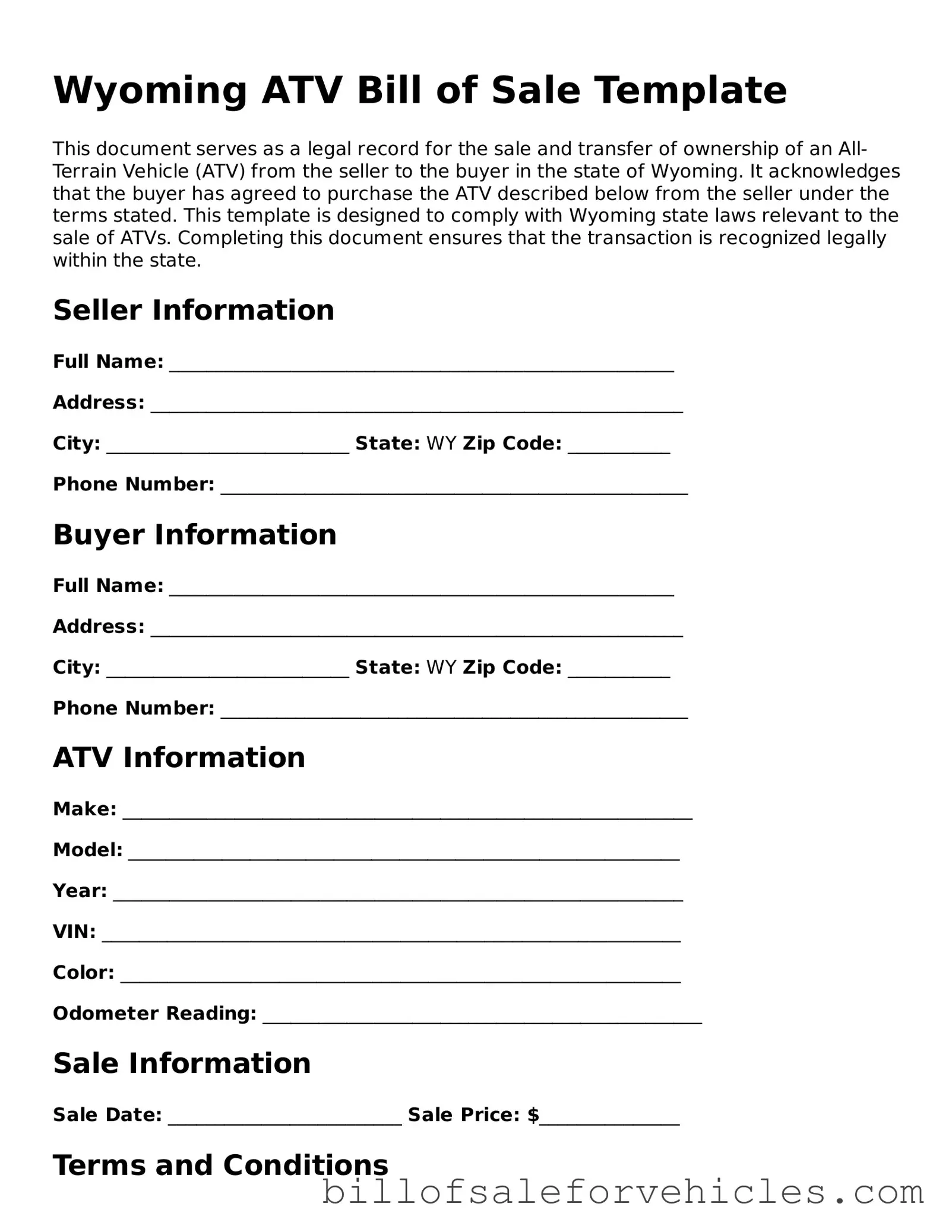 Valid Wyoming ATV Bill of Sale Template