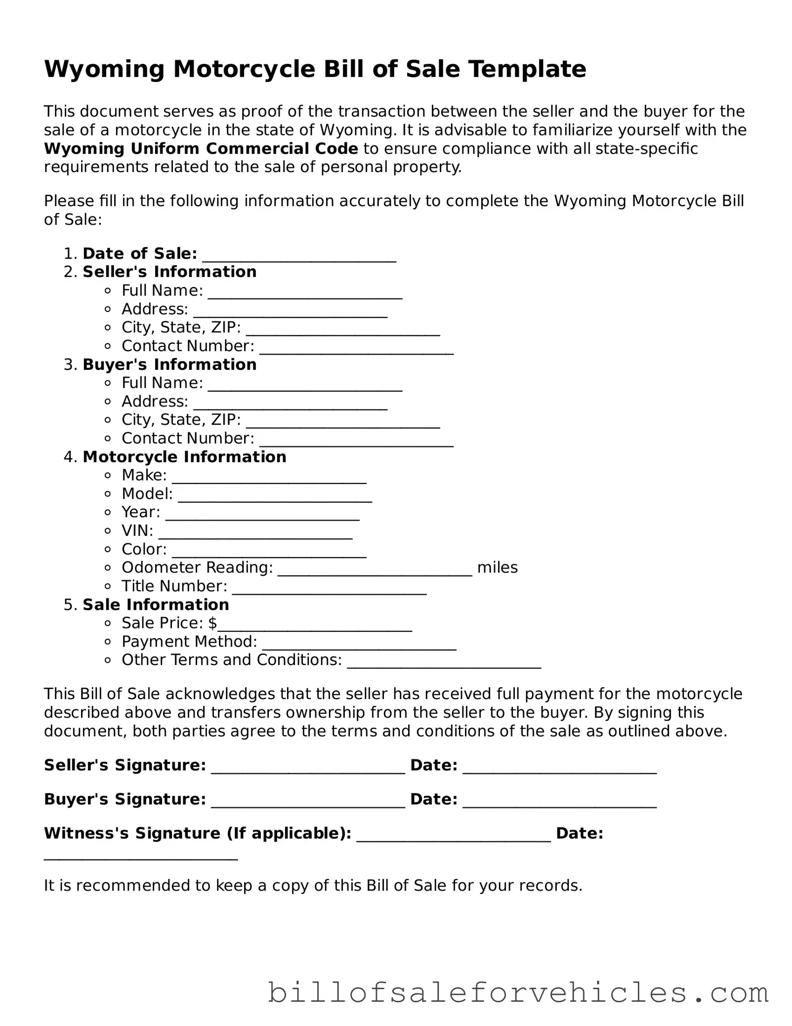 Valid Wyoming Motorcycle Bill of Sale Template