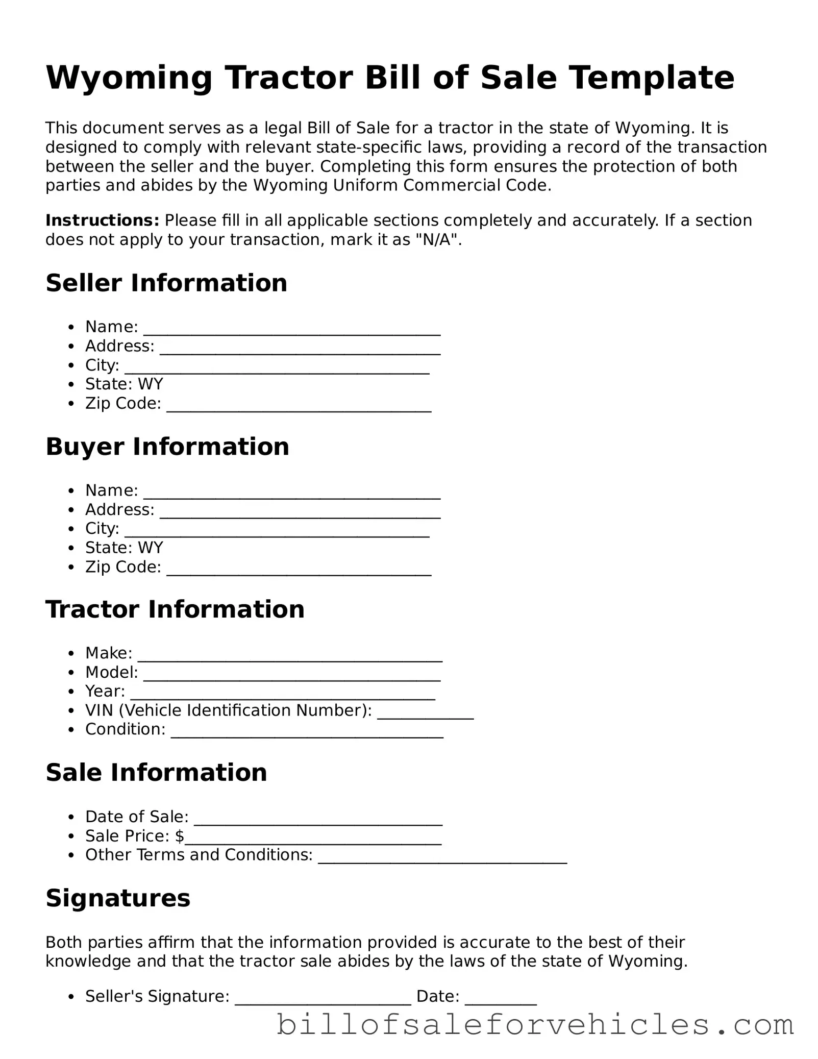 Valid Wyoming Tractor Bill of Sale Template