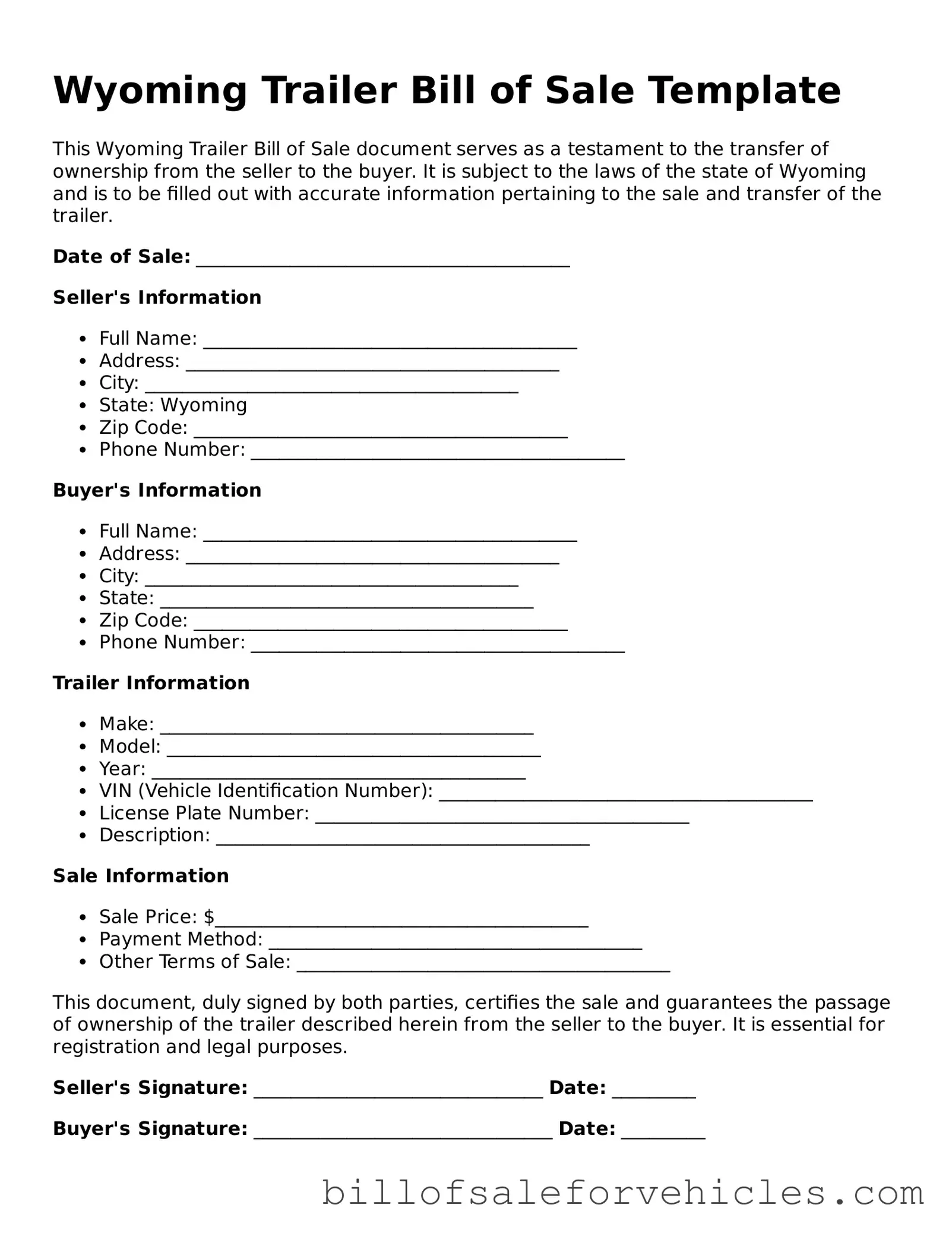 Valid Wyoming Trailer Bill of Sale Template