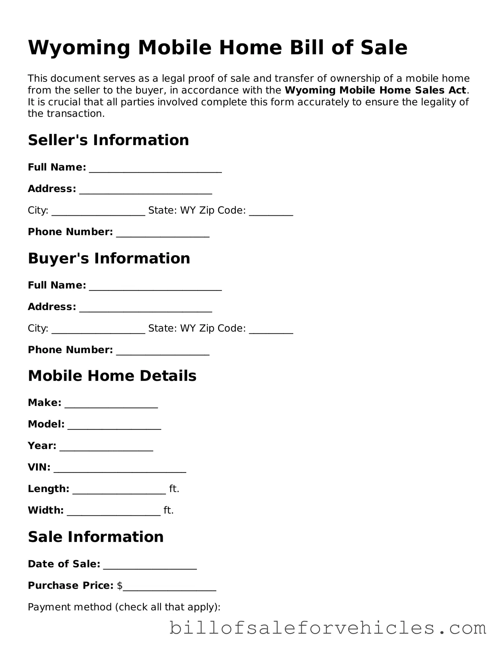 Valid Wyoming Mobile Home Bill of Sale Template