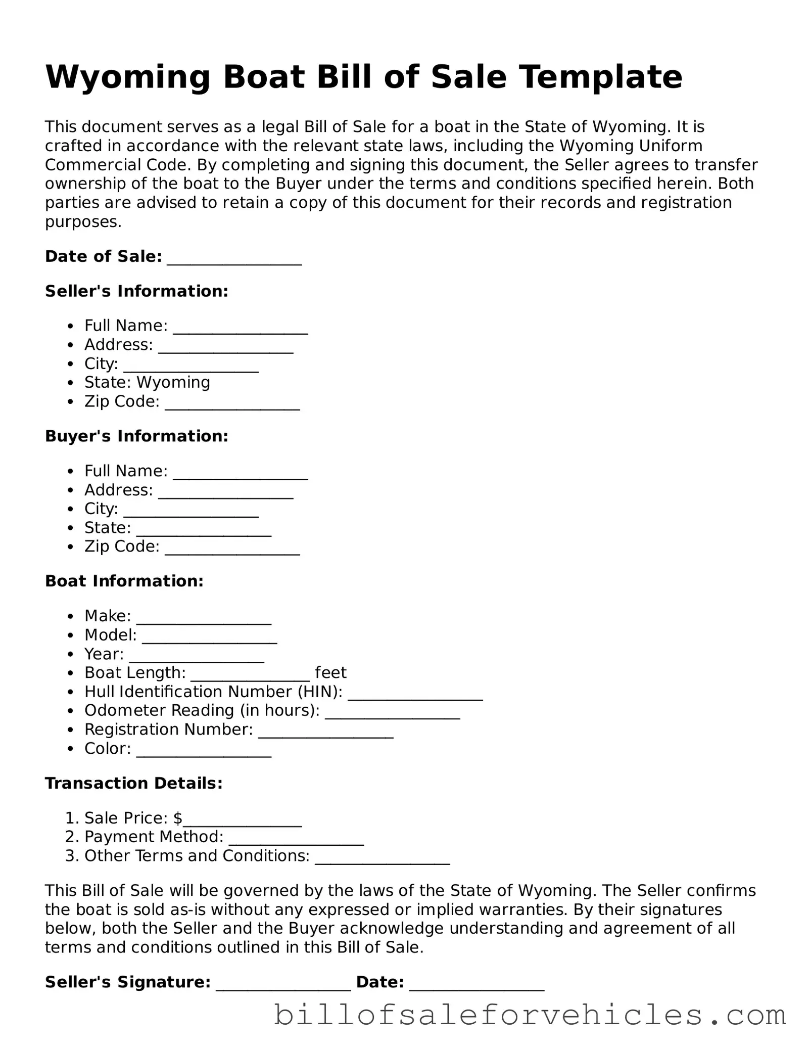 Valid Wyoming Boat Bill of Sale Template